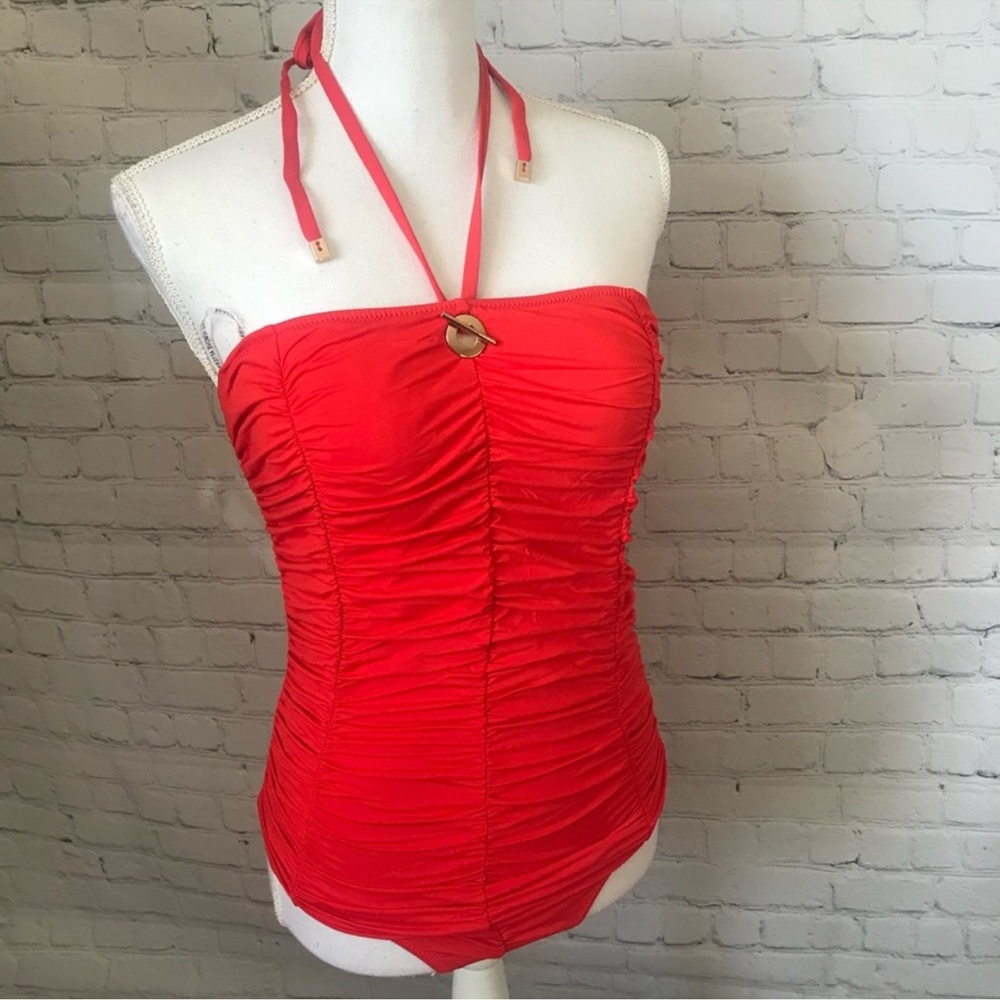 DEREK LAM ONE PC RED RUCHED HALTER SWIMSUIT